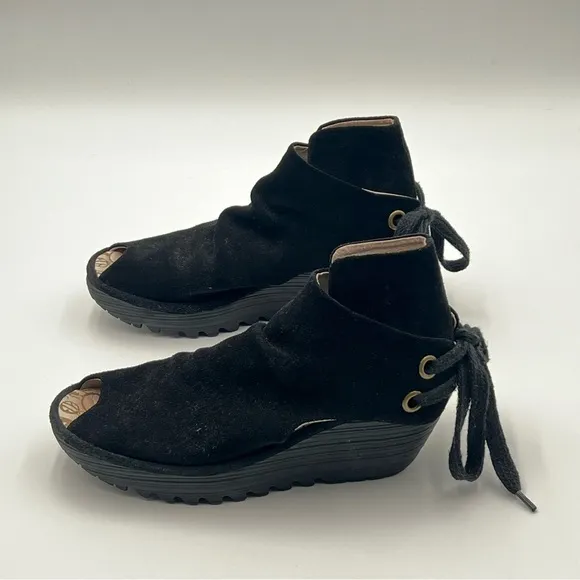 FLY London Yama Black Suede Wedge Ankle Booties Peep Toe Back Tie EU 39 US 8.5