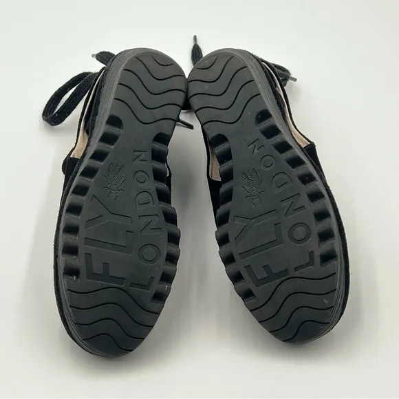 FLY London Yama Black Suede Wedge Ankle Booties Peep Toe Back Tie EU 39 US 8.5