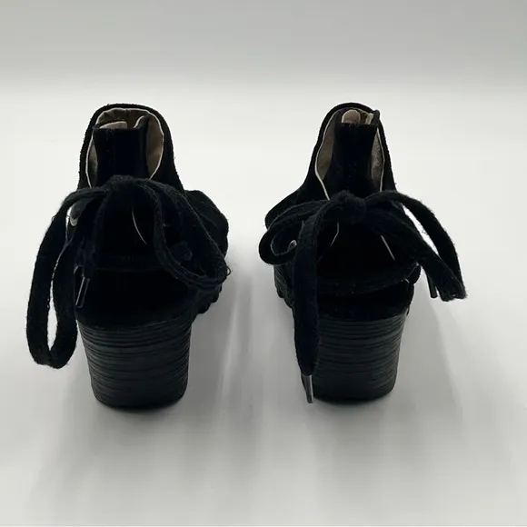 FLY London Yama Black Suede Wedge Ankle Booties Peep Toe Back Tie EU 39 US 8.5