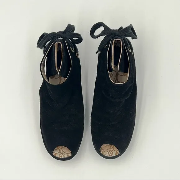 FLY London Yama Black Suede Wedge Ankle Booties Peep Toe Back Tie EU 39 US 8.5