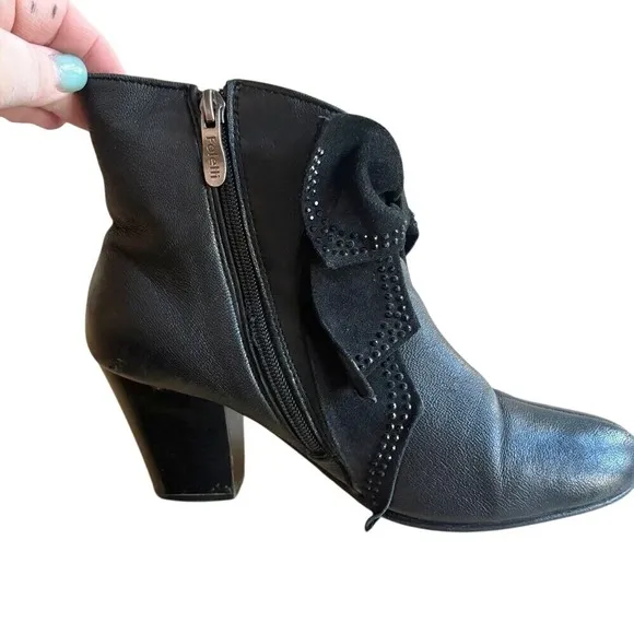 FOLETTI Italian Black‎ Leather Ankle Boots w/Bow Zip-Up Booties Detail SIZE 6.5