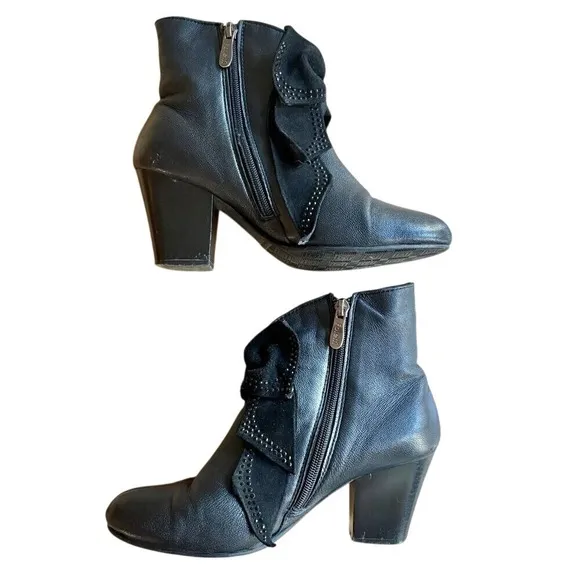 FOLETTI Italian Black‎ Leather Ankle Boots w/Bow Zip-Up Booties Detail SIZE 6.5