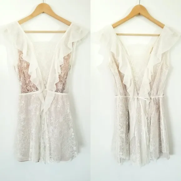 For Love and Lemons Stardust Lace Drawstring White Ruffle Mini Dress Boho EUC