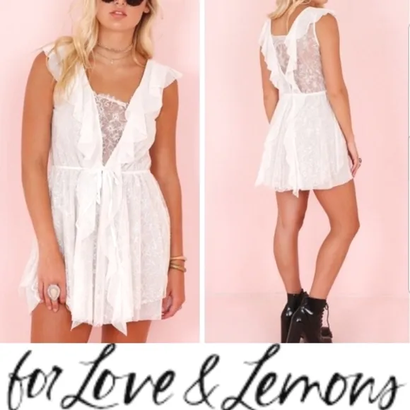For Love and Lemons Stardust Lace Drawstring White Ruffle Mini Dress Boho EUC