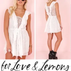 For Love and Lemons Stardust Lace Drawstring White Ruffle Mini Dress Boho EUC