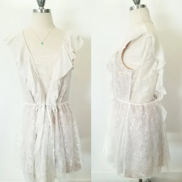 For Love and Lemons Stardust Lace Drawstring White Ruffle Mini Dress Boho EUC