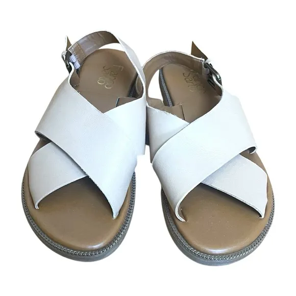 Franco Sarto Kayleigh leather flat sandals with buckle Tan Brown Sz US 8.5