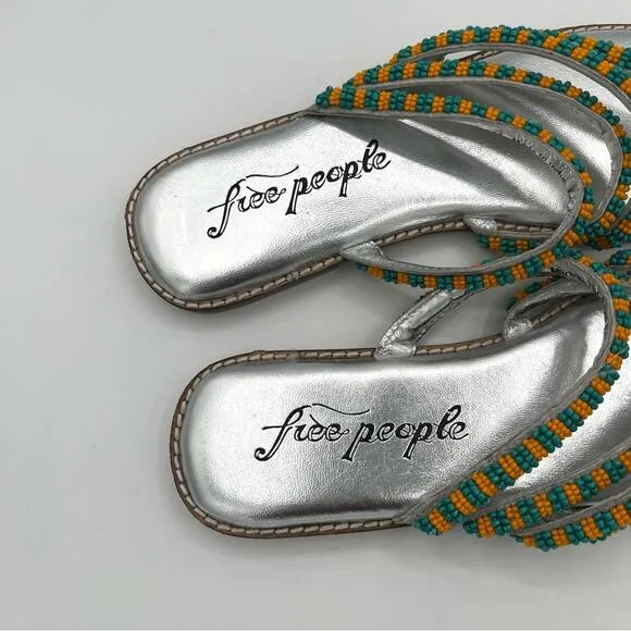 Free People Beatrice beaded flat sandals Sz 7.5 turquoise silver coastal boho