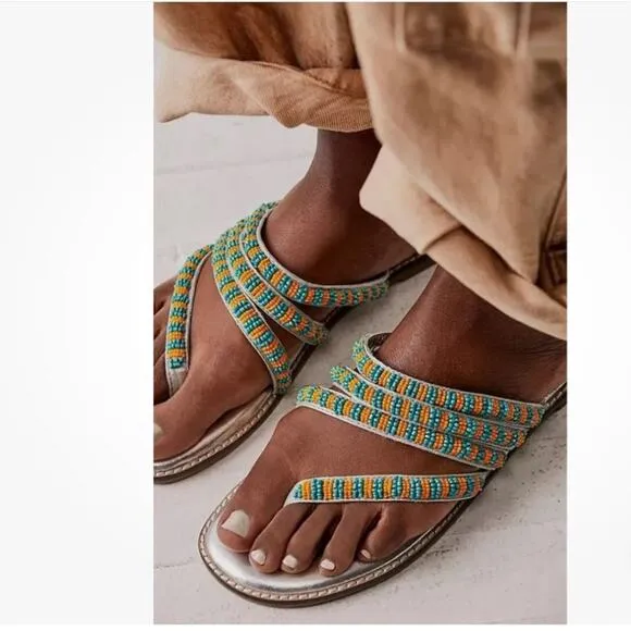 Free People Beatrice beaded flat sandals Sz 7.5 turquoise silver coastal boho
