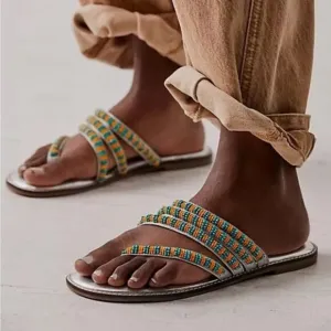 Free People Beatrice beaded flat sandals Sz 7.5 turquoise silver coastal boho
