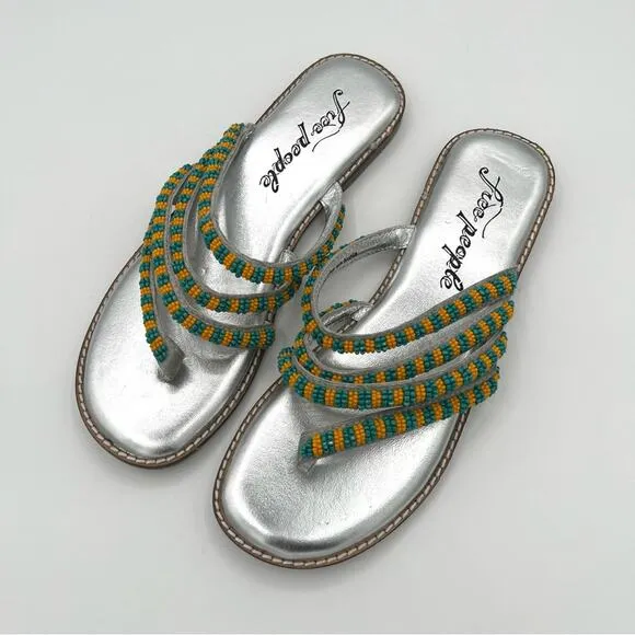 Free People Beatrice beaded flat sandals Sz 7.5 turquoise silver coastal boho