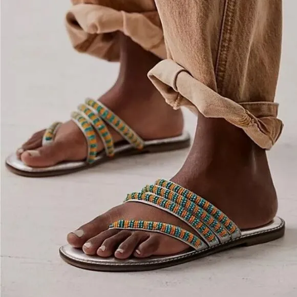 Free People Beatrice beaded flat sandals Sz 7.5 turquoise silver coastal boho