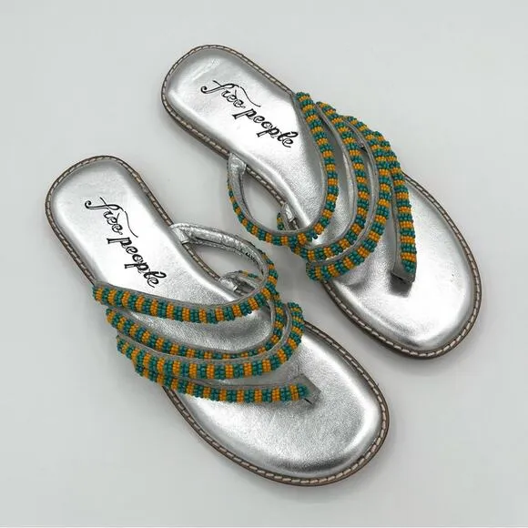 Free People Beatrice beaded flat sandals Sz 7.5 turquoise silver coastal boho