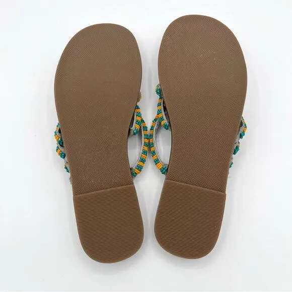 Free People Beatrice beaded flat sandals Sz 7.5 turquoise silver coastal boho