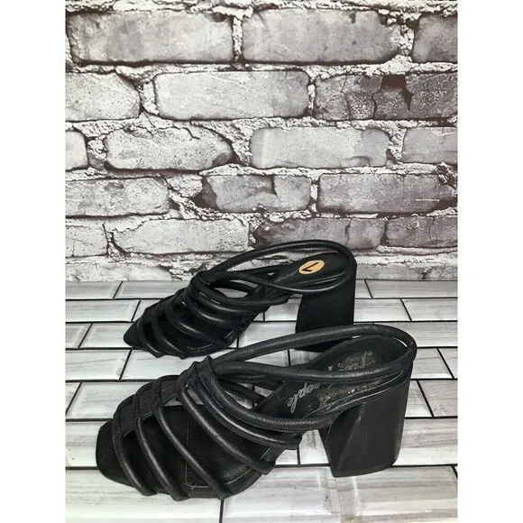 Free People Black Leather Cuban Heel Cage Strappy Sandals Women’s 37.5M US/7M US
