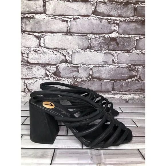 Free People Black Leather Cuban Heel Cage Strappy Sandals Women’s 37.5M US/7M US