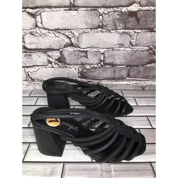 Free People Black Leather Cuban Heel Cage Strappy Sandals Women’s 37.5M US/7M US