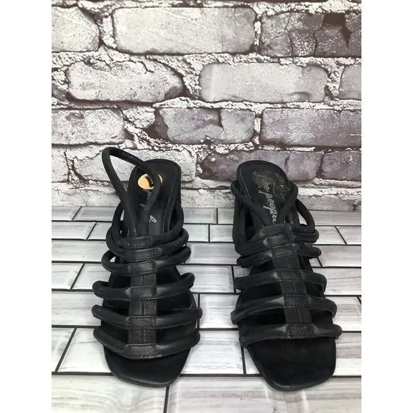 Free People Black Leather Cuban Heel Cage Strappy Sandals Women’s 37.5M US/7M US