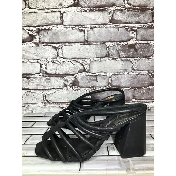 Free People Black Leather Cuban Heel Cage Strappy Sandals Women’s 37.5M US/7M US