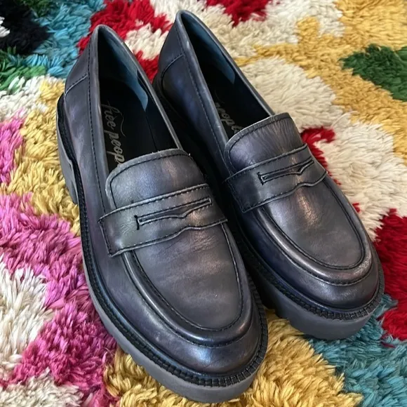 Free People Blue Chunky Platform Decker Penny Loafers Size 10