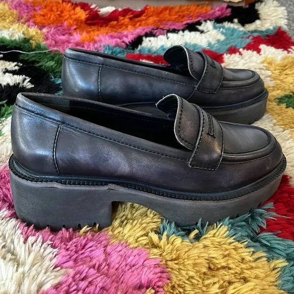 Free People Blue Chunky Platform Decker Penny Loafers Size 10