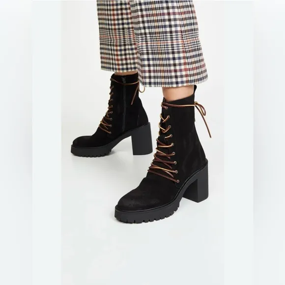Free People Dylan Lace Up Chunky Mid Calf Suede Boots Black Women’s Size 8.5
