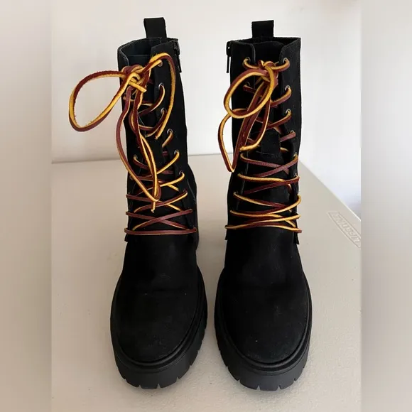 Free People Dylan Lace Up Chunky Mid Calf Suede Boots Black Women’s Size 8.5