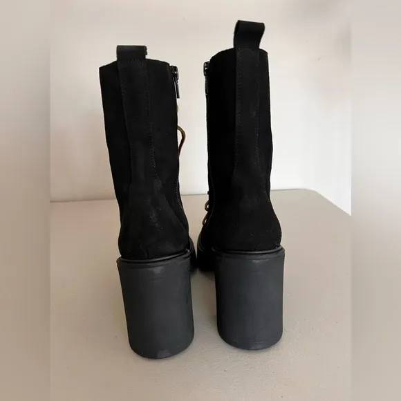 Free People Dylan Lace Up Chunky Mid Calf Suede Boots Black Women’s Size 8.5