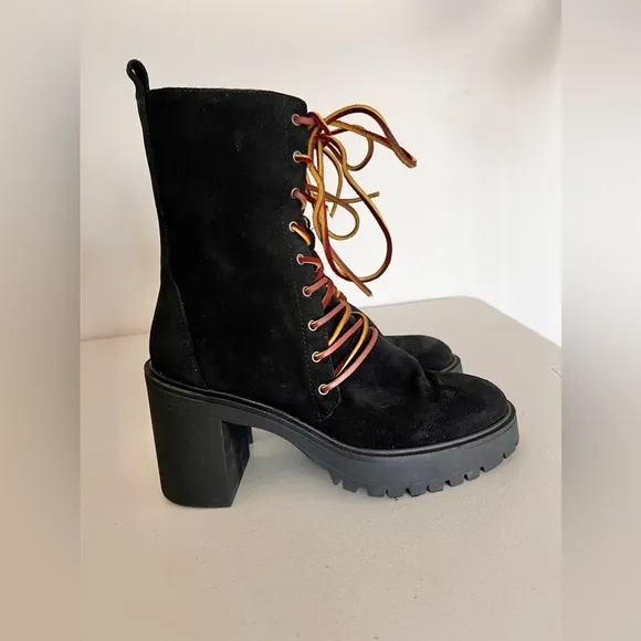 Free People Dylan Lace Up Chunky Mid Calf Suede Boots Black Women’s Size 8.5