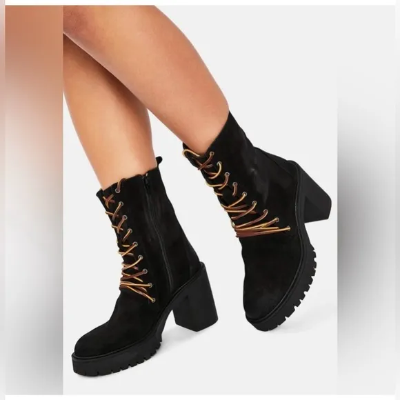 Free People Dylan Lace Up Chunky Mid Calf Suede Boots Black Women’s Size 8.5