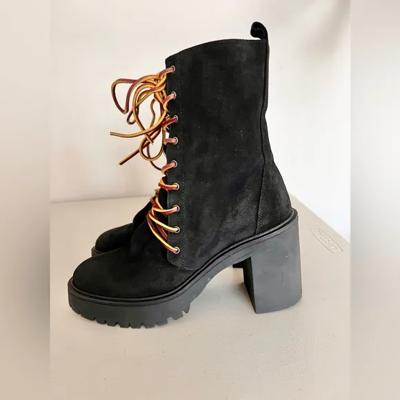 Free People Dylan Lace Up Chunky Mid Calf Suede Boots Black Women’s Size 8.5