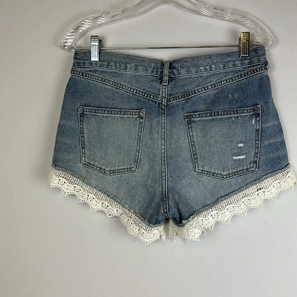 Free People Embroidered Lace Hem 100% Cotton High Waist Festival 28 Jean Shorts