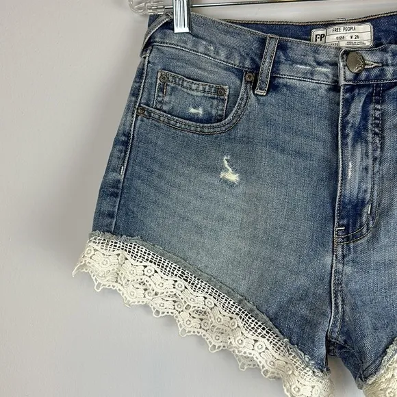 Free People Embroidered Lace Hem 100% Cotton High Waist Festival 28 Jean Shorts
