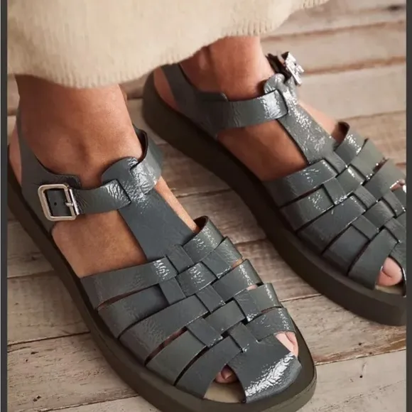 Free People Finn Fisherman Platform Italian Leather Sandals in Black Size 38