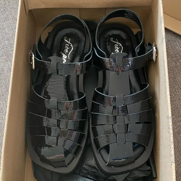 Free People Finn Fisherman Platform Italian Leather Sandals in Black Size 38