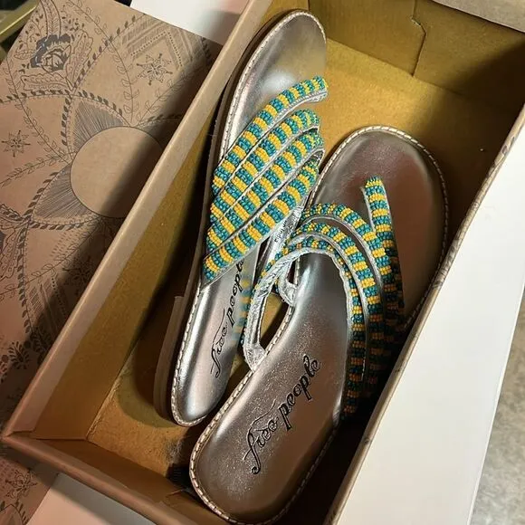 FREE PEOPLE NIB Beatrice Beaded Flat Sandals / Platino Combo - 7.5 ($100)