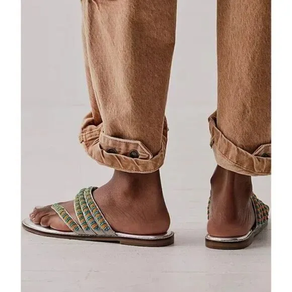 FREE PEOPLE NIB Beatrice Beaded Flat Sandals / Platino Combo - 7.5 ($100)