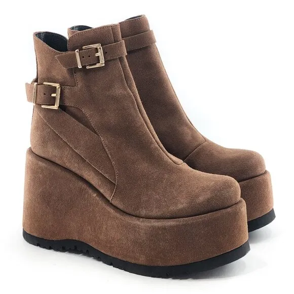 FREE PEOPLE NWOB Sabrina Brown Suede Platform Wedge Boots Buckles