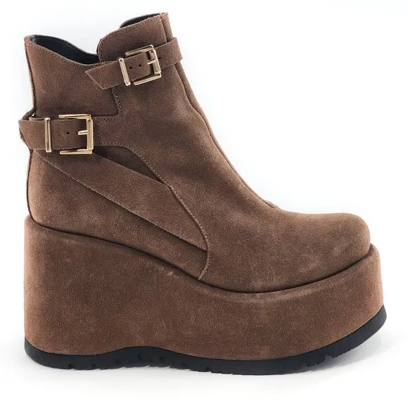 FREE PEOPLE NWOB Sabrina Brown Suede Platform Wedge Boots Buckles