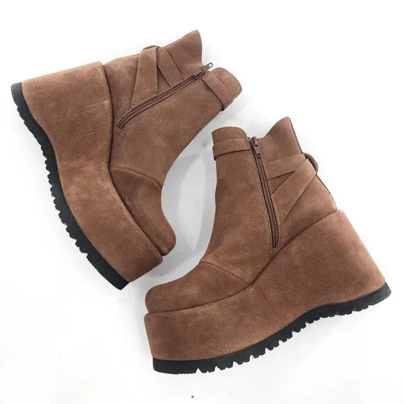 FREE PEOPLE NWOB Sabrina Brown Suede Platform Wedge Boots Buckles
