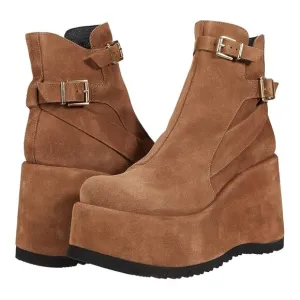 FREE PEOPLE NWOB Sabrina Brown Suede Platform Wedge Boots Buckles