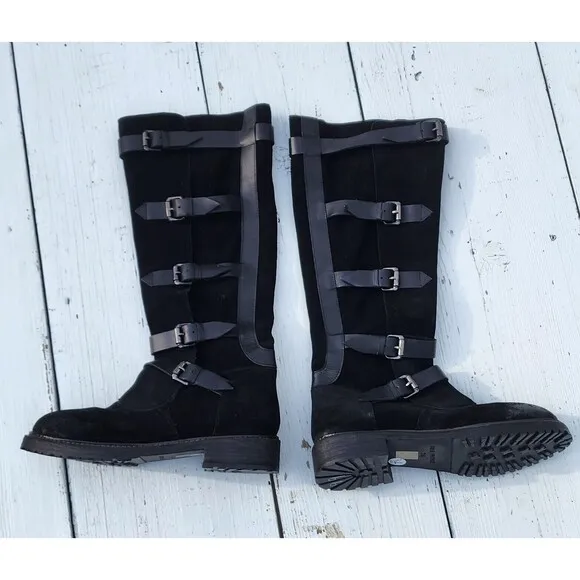 Free People Women's Black Suede Tristie Buckle Boots Sz US 7.5 EU 40