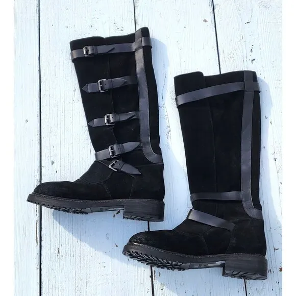 Free People Women's Black Suede Tristie Buckle Boots Sz US 7.5 EU 40