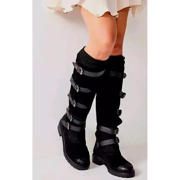 Free People Women's Black Suede Tristie Buckle Boots Sz US 7.5 EU 40