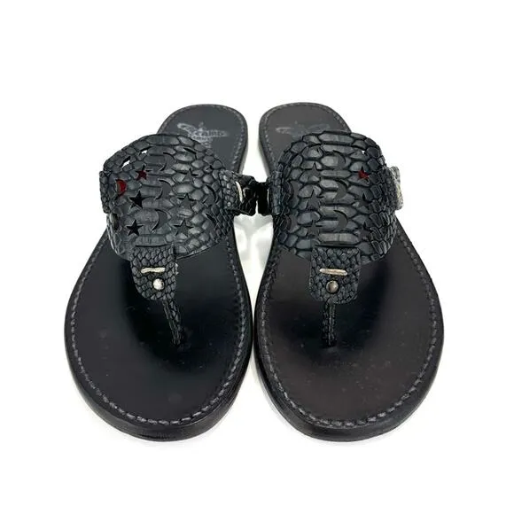 FREEBIRD BY STEVEN VALLARTA BLACK LEATHER MOON &amp; STAR CUTOUT FLAT THONG SANDAL🆕