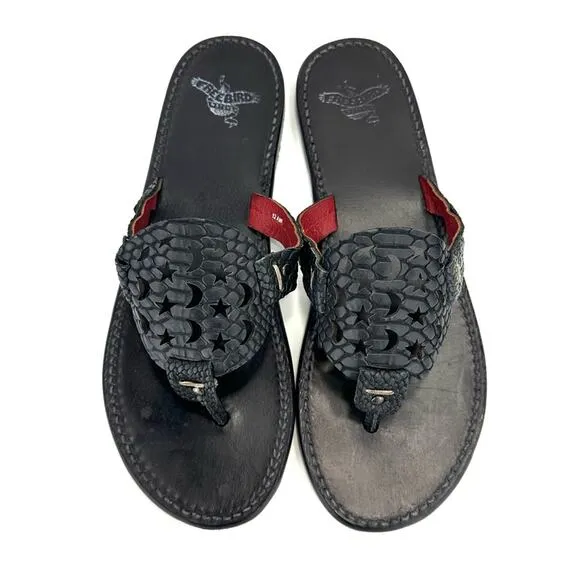 FREEBIRD BY STEVEN VALLARTA BLACK LEATHER MOON &amp; STAR CUTOUT FLAT THONG SANDAL🆕