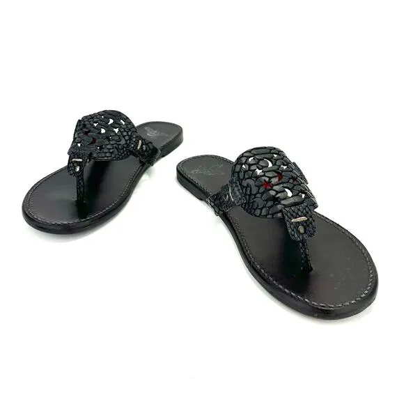 FREEBIRD BY STEVEN VALLARTA BLACK LEATHER MOON &amp; STAR CUTOUT FLAT THONG SANDAL🆕
