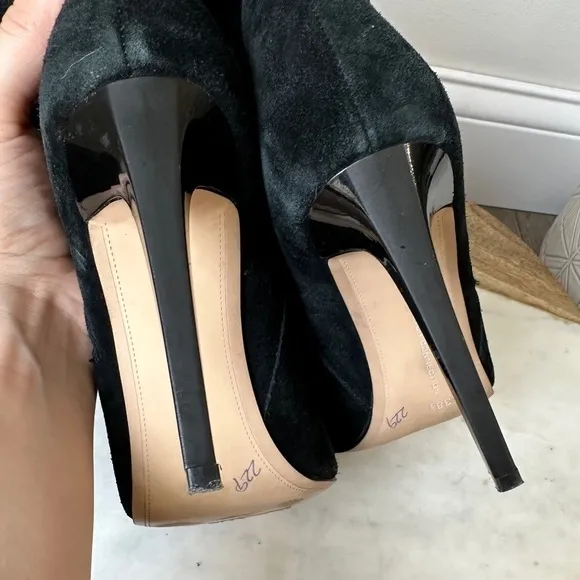 French Connection Molly Suede Tall High Boots Gold Zip Stiletto Heel black boot
