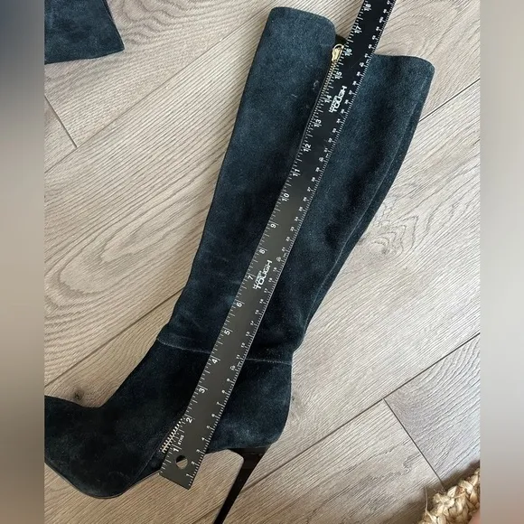 French Connection Molly Suede Tall High Boots Gold Zip Stiletto Heel black boot