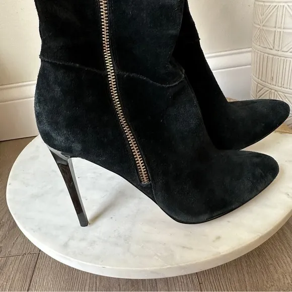French Connection Molly Suede Tall High Boots Gold Zip Stiletto Heel black boot